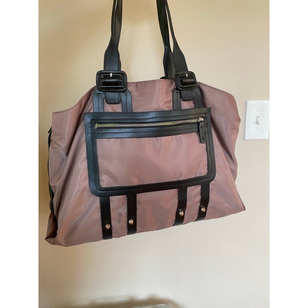 Sondra Roberts nylon purse tote neon green lining taupe with black accents
